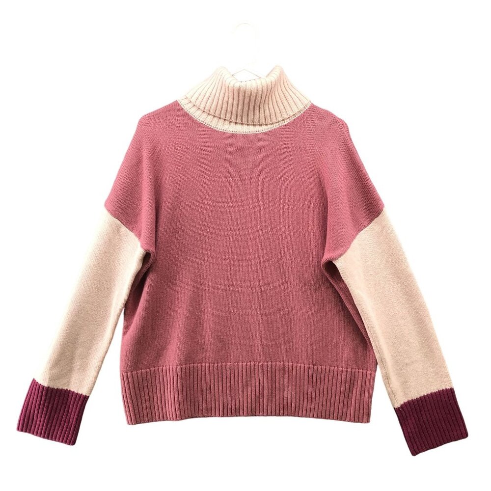 Garnet Hill Pink and Cream Colorblock Turtleneck Sweater